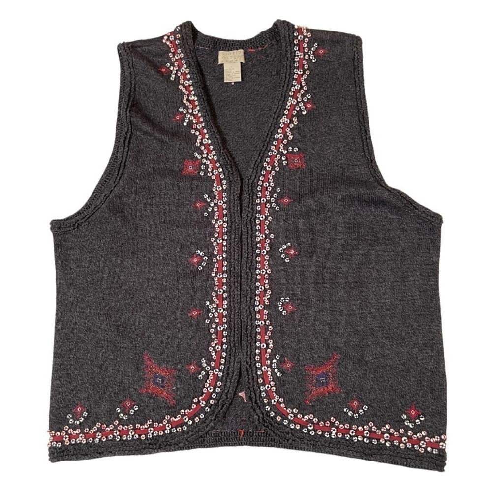 Sigrid Olsen folk embroidered beaded vest sz large